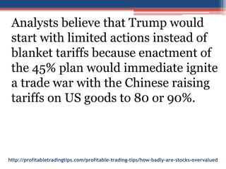 http://profitabletradingtips.com/profitable-trading-tips/how-badly-are-stocks-overvalued
Analysts believe that Trump would
start with limited actions instead of
blanket tariffs because enactment of
the 45% plan would immediate ignite
a trade war with the Chinese raising
tariffs on US goods to 80 or 90%.
 