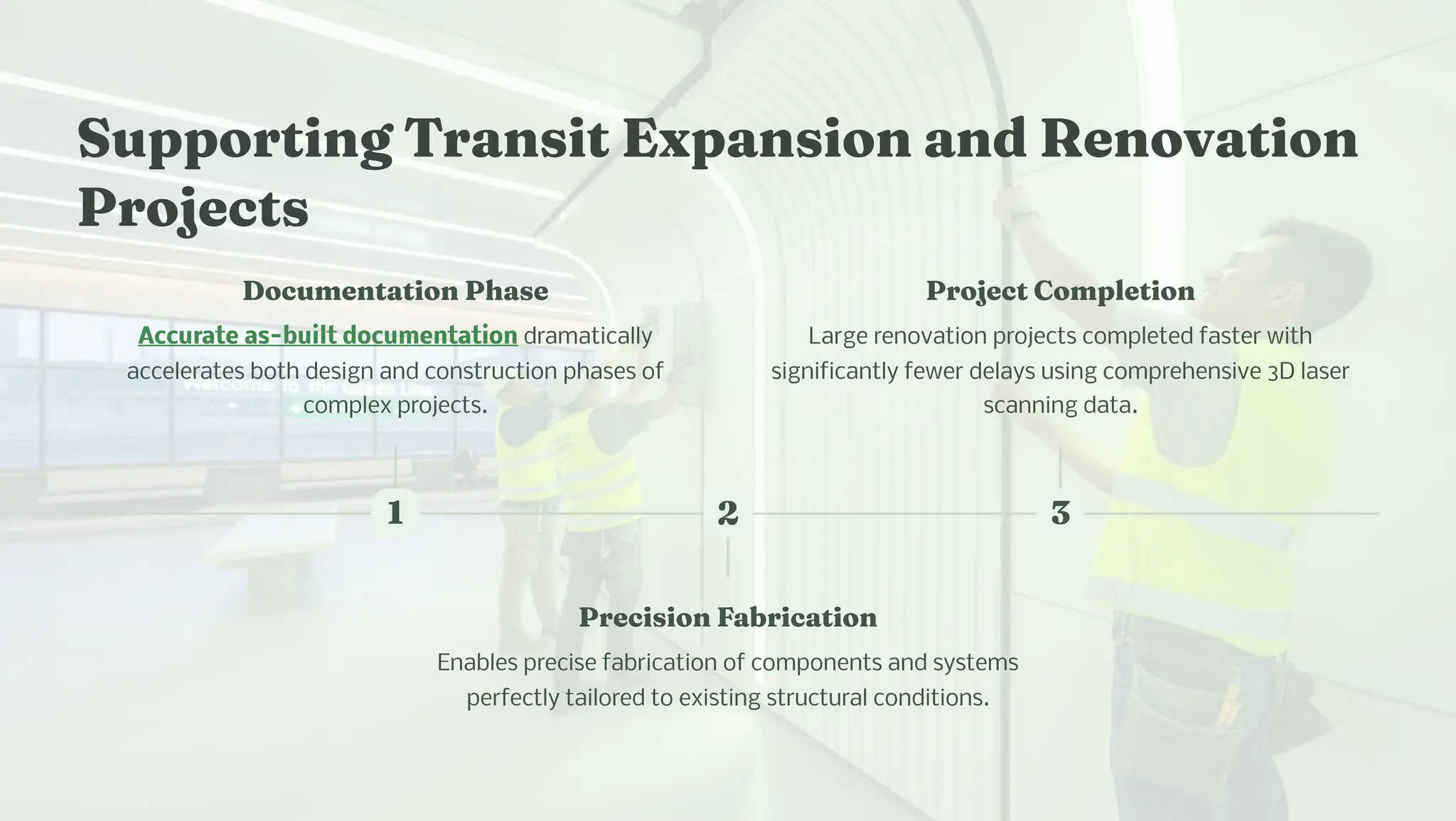 Supporti g Tra it Expa io a d Re ovatio
Project
1
Docu e tatio P a e
Accurate as-built documentation dramatically
accelerates both design and construction phases of
complex projects.
2
Preci io Fabricatio
Enables precise fabrication of components and systems
perfectly tailored to existing structural conditions.
3
Project Co pletio
Large renovation projects completed faster with
significantly fewer delays using comprehensive 3D laser
scanning data.
 