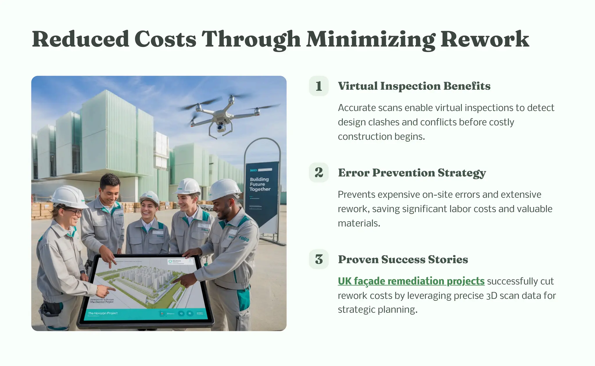 Reduced Co t T roug Mi i izi g Rework
1 Virtual I pectio Be efit
Accurate scans enable virtual inspections to detect
design clashes and conflicts before costly
construction begins.
2 Error Preve tio Strategy
Prevents expensive on-site errors and extensive
rework, saving significant labor costs and valuable
materials.
3 Prove Succe Storie
UK façade remediation projects successfully cut
rework costs by leveraging precise 3D scan data for
strategic planning.
 