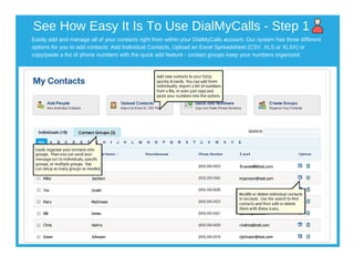 Easily add and manage all of your contacts right from within your DialMyCalls account. Our system has three different
options for you to add contacts: Add Individual Contacts, Upload an Excel Spreadsheet (CSV, XLS or XLSX) or
copy/paste a list of phone numbers with the quick add feature ­ contact groups keep your numbers organized.
See How Easy It Is To Use DialMyCalls ­ Step 1
 