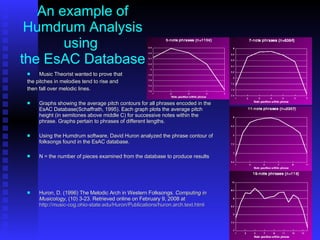An example of Humdrum Analysis using  the EsAC Database Music Theorist wanted to prove that  the pitches in melodies tend to rise and  then fall over melodic lines.  Graphs showing the average pitch contours for all phrases encoded in the EsAC Database(Schaffrath, 1995). Each graph plots the average pitch height (in semitones above middle C) for successive notes within the phrase. Graphs pertain to phrases of different lengths. Using the Humdrum software, David Huron analyzed the phrase contour of folksongs found in the EsAC database. N = the number of pieces examined from the database to produce results Huron, D. (1996) The Melodic Arch in Western Folksongs.  Computing in Musicology , (10) 3-23. Retrieved online on February 9, 2008 at  http://music-cog.ohio-state.edu/Huron/Publications/huron.arch.text.html 