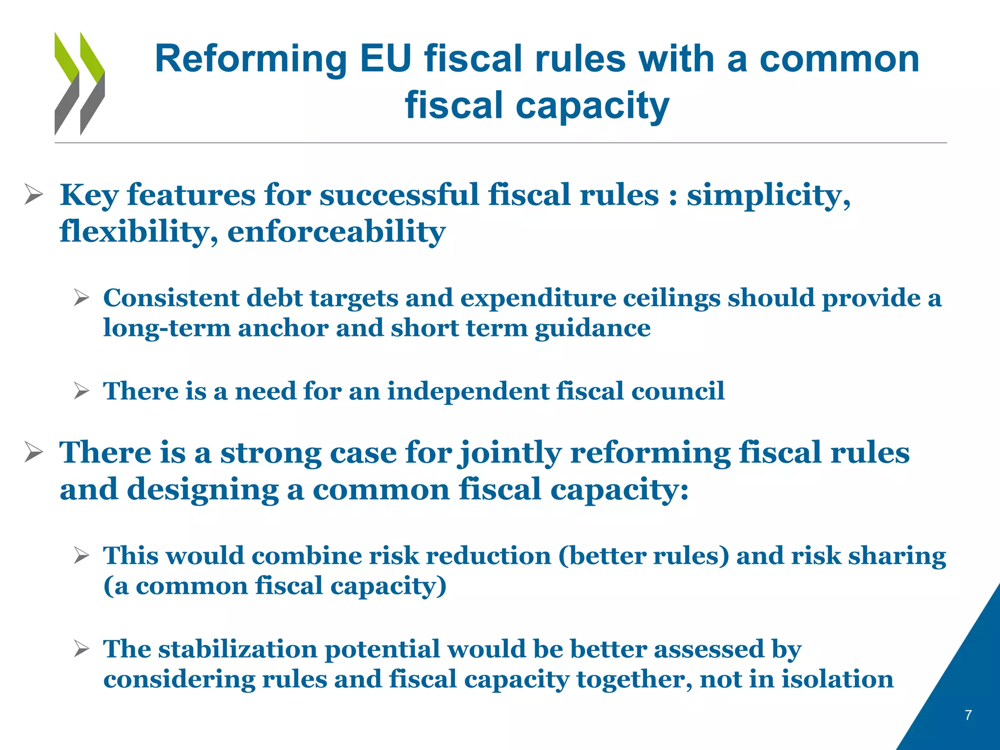 7
 Key features for successful fiscal rules : simplicity,
flexibility, enforceability
 Consistent debt targets and expenditure ceilings should provide a
long-term anchor and short term guidance
 There is a need for an independent fiscal council
 There is a strong case for jointly reforming fiscal rules
and designing a common fiscal capacity:
 This would combine risk reduction (better rules) and risk sharing
(a common fiscal capacity)
 The stabilization potential would be better assessed by
considering rules and fiscal capacity together, not in isolation
Reforming EU fiscal rules with a common
fiscal capacity
 