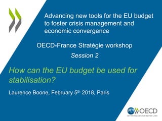 OECD-France Stratégie workshop
Session 2
How can the EU budget be used for
stabilisation?
Laurence Boone, February 5th 2018, Paris
Advancing new tools for the EU budget
to foster crisis management and
economic convergence
 