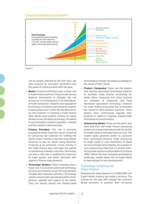 Cloud Computing’s Full Gamut

                                                  Present
                                                    Day
                                                                            Cloud Computing
                                                                            Standards

       Cloud Computing:                                                     Infrastructure:
       Leveraging third-party computing                                     messaging, network, queuing
       capability over the network to
                                                                            Computing
       cut costs, increase scale, improve
                                                                            Computing Fabric
       agility, and access best practices
                                                                            Virtual Instances
                                                                            Storage
                                                                            Block Storage
                                                                            Keyed Storage
                                                                            Open APIs:
                                                                            identify
                                                                            technical
                                                                            domain-specific


Figure 1




    can be greatly affected by the STP rates, the               technological change and adapt accordingly to
    time required for document verification and                 the needs of their clients.
    the speed of communication with the bank.
                                                            •   Product Companies: These are the players
•   Banks: Financial institutions play a major role             that develop specialized technology products
    in trade finance business. They provide various             to facilitate trade finance processing for
    financial instruments to mitigate the risk                  banks. Misys, Surecomp and China Systems
    arising out of a nonpayment in an internation-              are examples of companies that have
    al trade transaction. Adoption and upgrade of               developed specialized technology products
    technology is of utmost importance for a bank’s             for trade finance processing that incorporate
    trade business as it is often the deciding factor           the industry’s best business practices. These
    for the customer in choosing a trade finance                players must continuously upgrade their
    bank. Banks need systems running on robust                  products to adjust to ongoing, industry-wide
    infrastructure, the latest technology, the ability          technological transformation.
    to accommodate constant regulatory changes
    and the industry’s best practices.
                                                            •   Outsourcing Banks: These are the banks that
                                                                have built their own trade finance processing
•   Finance Providers: This role is primarily                   systems on a large scale and provide the facility
    assumed by banks. Exporters require financing               to smaller banks to leverage these services. The
    for procuring raw materials for fulfilling the              smaller banks generally prefer to outsource
    import orders. Similarly, importers may require             their technology-intensive trade processing
    financing to pay for goods being imported.                  to larger banks or avail themselves of these
    Financing is an extremely crucial activity in               services through white labeling. An example of
    the trade finance area and helps the parties                such outsourcing is MaxTrad, a customer inter-
    in maintaining a healthy cash flow. Technology              facing trade solution by Royal Bank of Scotland
    can play a vital role in enabling the financiers            (RBS). Within the ever-changing technological
    to make quicker and better decisions with                   landscape, smaller banks rely on larger banks
    regard to finance disbursements.                            to keep abreast of new developments.

•   Technology Vendors: These companies play a
                                                            Technology Initiatives for
    major role in providing customized technology
                                                            Trade Finance
    services and solutions as per the requirements
    of banks and corporate customers. Technology            Following the steep downturn in 2008-2009, the
    vendors also provide specialized systems main-          trade finance industry has made a recovery. The
    tenance, upgrade and support to the banks.              outlook for the year 2011, despite the uncertain
    They can quickly absorb any industry-wide               global economy, is positive, with increasing



                             cognizant 20-20 insights       2
 