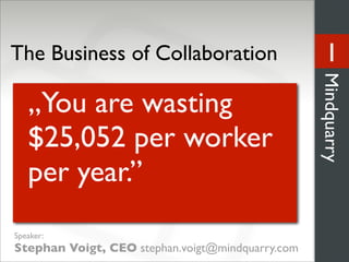 1
The Business of Collaboration




                                                  Mindquarry
   „You are wasting
   $25,052 per worker
   per year.”
                              *IDC 2005
Speaker:
Stephan Voigt, CEO stephan.voigt@mindquarry.com