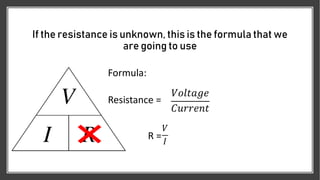 If the resistance is unknown, this is the formula that we
are going to use
Formula:
R =
Resistance =
𝑉
𝐼
𝑉𝑜𝑙𝑡𝑎𝑔𝑒
𝐶𝑢𝑟𝑟𝑒𝑛𝑡
 