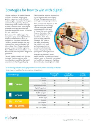 Copyright © 2012 The Nielsen Company.	 8
Shopper marketing tactics are changing
and there are several ways to grow
positive engagement levels. Whether
customizing the message for the shopper,
more narrowly segmenting shoppers,
or delivering more ‘authentic’ messages
in brand communications, savvy digital
strategies must help personalize and
integrate value-added content to improve
the user experience.
First, focus on the right shopper. Not
everyone is going to use digital. Nielsen
research finds that one-of-four CPG
shoppers are considered ‘Trendsetters’.
These are generally shoppers that love
to keep ahead, try new things and tell
others about them. They are typically
younger compared to other segments,
have children in the household and are a
bit more affluent compared to the general
population.
Second, engage shoppers with the right
message. ‘Trendsetters’ tend to be
more digitally engaged, but that is still
dependent on what they are buying.
Determine what activities are important
to core shoppers and customize the
offering. If shoppers are more deal-
centric, provide coupon promotions.
Third, connect with shoppers via the
right medium. An increasingly
complex landscape provides
consumers with a wide array
of choices. Marketers need to
focus on the medium that
provides the best return on
investment. Think about
product usage and devise
strategies that speak to
the needs of consumers.
Pair mobility with need
and create apps that, for
example, make it easier to
create a shopping list, refill
prescriptions or navigate a store.
Whether the platform is online,
mobile, social or in-store, prioritize the
medium based on the impact it drives and
the feasibility of deploying it. Digital can
be complex, but rewarding if done right.
Strategies for how to win with digital
An increasing complex landscape provides consumers with a wide array of choices
Searching for
coupons
Reading a
Flyer/ Circular
Looking
for Deals
Website
E-Circular
Emails
Printable Coupons
Digital Magazines
Search/Display Ads
Mobile Coupon
Text Message
Mobile Apps
Reviews
Social Media
Kiosks
QR / Bar Codes
SOCIAL
IN-STORE
MOBILE
ONLINE
Weigh impact vs. feasibility of tactics to optimize digital platform
Sample Strategy
 