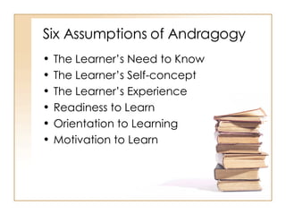 Six Assumptions of Andragogy  The Learner’s Need to Know  The Learner’s Self-concept  The Learner’s Experience  Readiness to Learn  Orientation to Learning  Motivation to Learn  