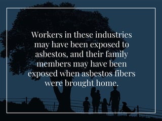 Workers in these industries
may have been exposed to
asbestos, and their family
members may have been
exposed when asbesto...