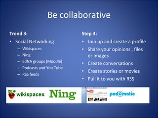 Be collaborative Trend 3: Social Networking Wikispaces  Ning  EdNA groups (Moodle) Podcasts and You Tube RSS feeds Step 3: Join up and create a profile Share your opinions , files or images Create conversations Create stories or movies Pull it to you with RSS 