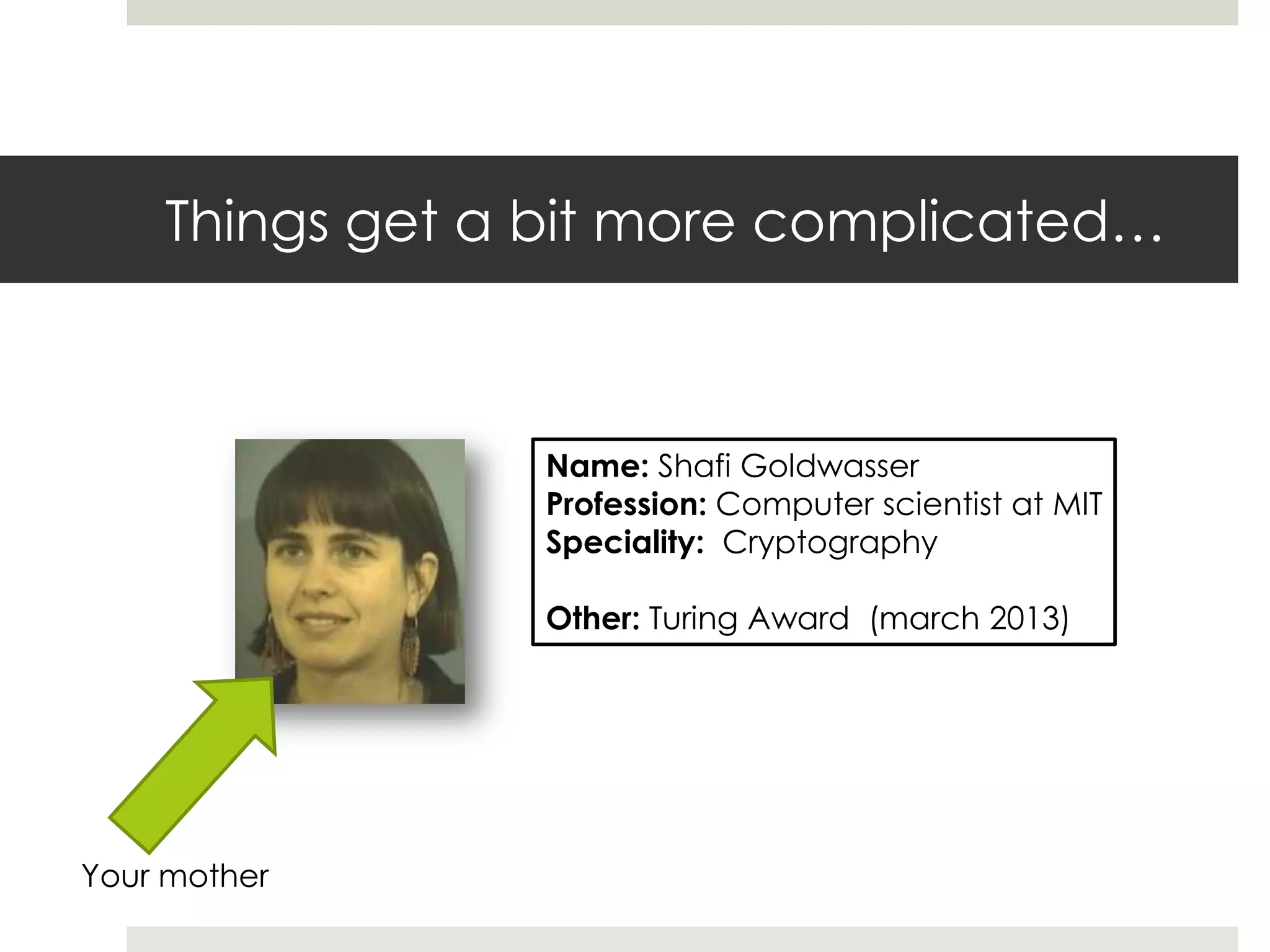 Things get a bit more complicated…
Name: Shafi Goldwasser
Profession: Computer scientist at MIT
Speciality: Cryptography
Other: Turing Award (march 2013)
Your mother
 