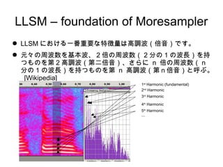 LLSM C foundation of Moresampler
 LLSM ˤһҪ؏ϸ{Ǥ
 Ԫܲ 2 ܲ 2 ֤ 1 βL
ĤΤ 2 {ڶ n ܲ n
֤ 1 βL֤ĤΤ n {ڣȺ֡
[Wikipedia]
1st
Harmonic (fundamental)
2nd
Harmonic
3rd
Harmonic
4th
Harmonic
5th
Harmonic
...
 