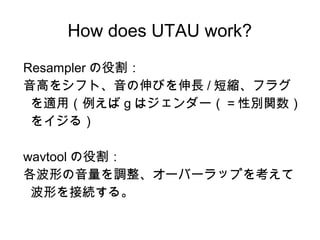 How does UTAU work?
Resampler ۸
ߤ򥷥եȡӤL / ̿sե饰
mã g ϥ`Ԅev
򥤥룩
wavtool ۸
Τ{`Щ`åפ򿼤
ΤӾA롣
 