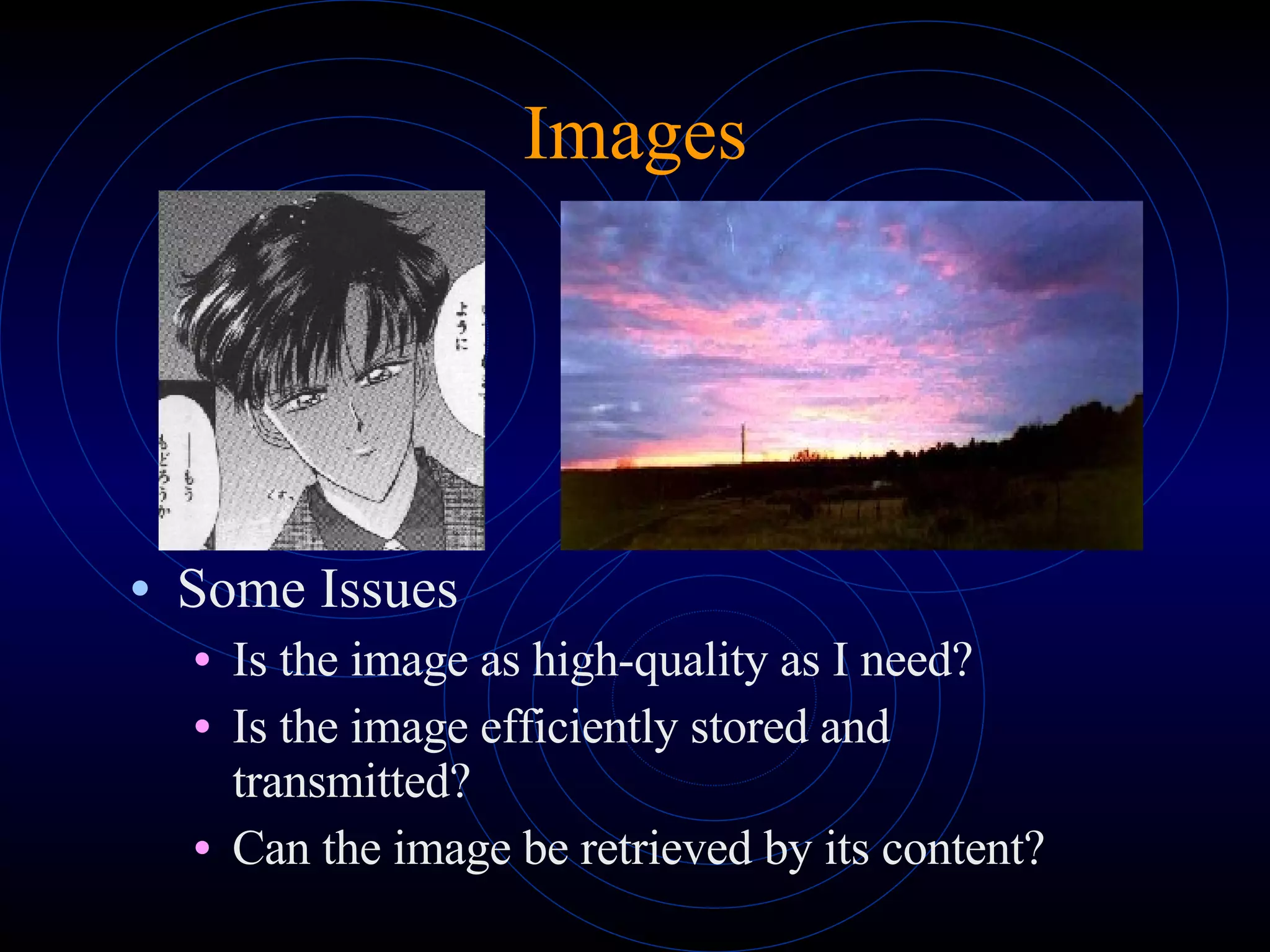 Images Some Issues Is the image as high-quality as I need? Is the image efficiently stored and transmitted? Can the image be retrieved by its content? 