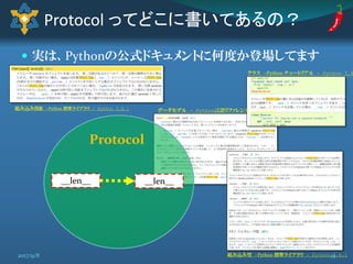  実は、Pythonの公式ドキュメントに何度か登場してます
Protocol ってどこに書いてあるの？
データモデル ― Python言語リファレンス - Python
3.6.1
組み込み型 -Python 標準ライブラリ - Python 3.6.1
組み込み関数 -Python 標準ライブラリ - Python 3.6.1
クラス -Python チュートリアル - Python 3.6
__len____len__
Protocol
192017/9/8
 