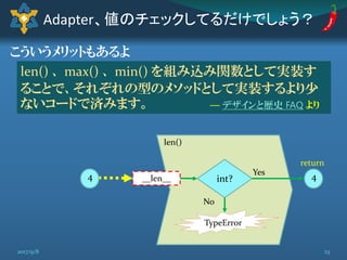 len()
int?
TypeError
Yes
No
Adapter、値のチェックしてるだけでしょう？
__len__4 4
return
len() 、 max() 、 min() を組み込み関数として実装す
ることで、それぞれの型のメソッドとして実装するより少
ないコードで済みます。 ― デザインと歴史 FAQ より
こういうメリットもあるよ
232017/9/8
 