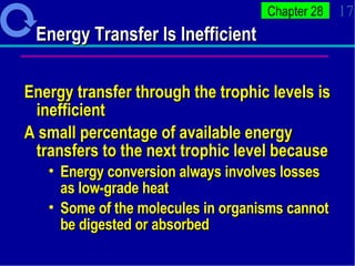 Energy Transfer Is Inefficient Energy transfer through the trophic levels is inefficient A small percentage of available energy transfers to the next trophic level because Energy conversion always involves losses as low-grade heat Some of the molecules in organisms cannot be digested or absorbed 