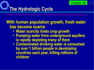 The Hydrologic Cycle With human population growth, fresh water has become scarce Water scarcity limits crop growth  Pumping water from underground aquifers is rapidly depleting many of them  Contaminated drinking water is consumed by over 1 billion people in developing countries each year, killing millions of children 