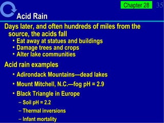 Acid Rain Days later, and often hundreds of miles from the source, the acids fall Eat away at statues and buildings Damage trees and crops Alter lake communities Acid rain examples Adirondack Mountains—dead lakes Mount Mitchell, N.C.—fog pH = 2.9 Black Triangle in Europe Soil pH = 2.2 Thermal inversions Infant mortality 
