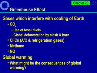 Greenhouse Effect Gases which interfere with cooling of Earth CO 2 Use of fossil fuels Global deforestation by slash & burn CFCs (A/C & refrigeration gases) Methane NO Global warming What might be the consequences of global warming? 