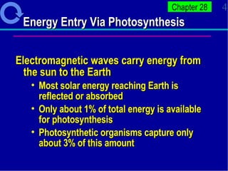 Energy Entry Via Photosynthesis   Electromagnetic waves carry energy from the sun to the Earth  Most solar energy reaching Earth is reflected or absorbed  Only about 1% of total energy is available for photosynthesis Photosynthetic organisms capture only about 3% of this amount  