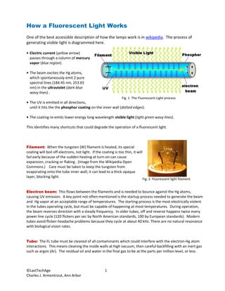 How a Fluorescent Light Works
One of the best accessible description of how the lamps work is in wikipedia. The process of
generating visible light is diagrammed here.

• Electric current (yellow arrow)
  passes through a column of mercury
  vapor (blue region).

• The beam excites the Hg atoms,
  which spontaneously emit 2 pure
  spectral lines (184.45 nm, 253.65
  nm) in the ultraviolet (dark blue
  wavy lines) .
                                                                 Fig. 1 The Fluorescent Light process
• The UV is emitted in all directions,
  until it hits the the phosphor coating on the inner wall (dotted edges).

• The coating re-emits lower energy long wavelength visible light (light green wavy lines).

This identifies many shortcuts that could degrade the operation of a fluorescent light.



Filament: When the tungsten (W) filament is heated, its special
coating will boil off electrons, not light. If the coating is too thin, it will
fail early because of the sudden heating at turn-on can cause
expansion, cracking or flaking. (Image from the Wikipedia Open
Commons.) Care must be taken to keep the tungsten from
evaporating onto the tube inner wall; it can lead to a thick opaque
layer, blocking light.
                                                                                  Fig. 2 Fluorescent light filament


Electron beam: This flows between the filaments and is needed to bounce against the Hg atoms,
causing UV emission. A key point not often mentioned is the startup process needed to generate the beam
and Hg vapor at an acceptable range of temperatures. The starting process is the most electrically violent
in the tubes operating cycle, but must be capable of happening at most temperatures. During operation,
the beam reverses direction with a steady frequency. In older tubes, off and reverse happens twice every
power line cycle (120 flickers per sec by North American standards, 100 by European standards). Modern
tubes avoid flicker-headache problems because they cycle at about 40 kHz. There are no natural resonance
with biological vision rates.


Tube: The FL tube must be cleaned of all contaminants which could interfere with the electron-Hg atom
interactions. This means cleaning the inside walls at high vacuum, then careful backfilling with an inert gas
such as argon (Ar). The residual oil and water in the final gas to be at the parts per million level, or less.



©LastTechAge                                         1
Charles J. Armentrout, Ann Arbor
 