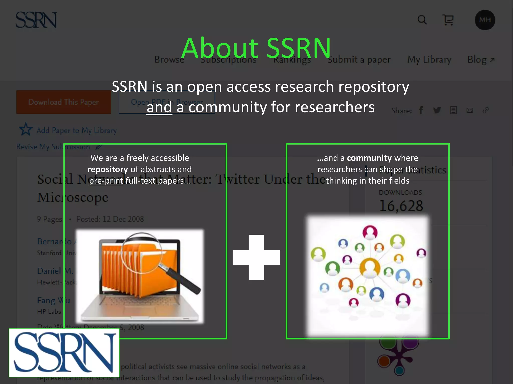 About SSRN
We are a freely accessible
repository of abstracts and
pre-print full-text papers…
…and a community where
researchers can shape the
thinking in their fields
SSRN is an open access research repository
and a community for researchers
 