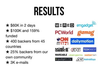 Results
★ $60K in 2 days

★ $100K and 159%  
funded

★ 400 backers from 45
countries

★ 25% backers from our
own community

★ 3K e-mails
 