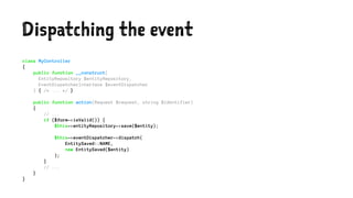 Dispatching the event
class MyController
{
public function __construct(
EntityRepository $entityRepository,
EventDispatcherInterface $eventDispatcher
) { /* ... */ }
public function action(Request $request, string $identifier)
{
// ...
if ($form->isValid()) {
$this->entityRepository->save($entity);
$this->eventDispatcher->dispatch(
EntitySaved::NAME,
new EntitySaved($entity)
);
}
// ...
}
}
 