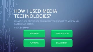 HOW I USED MEDIA
TECHNOLOGIES?
PLEASE CLICK ON THE BOX FOR WHICH YOU CHOOSE TO VIEW IN NO
PARTICULAR ORDER.
RUVA SINEMANI
CONSTRUCTIONRESEARCH
PLANNING EVALUATION
 