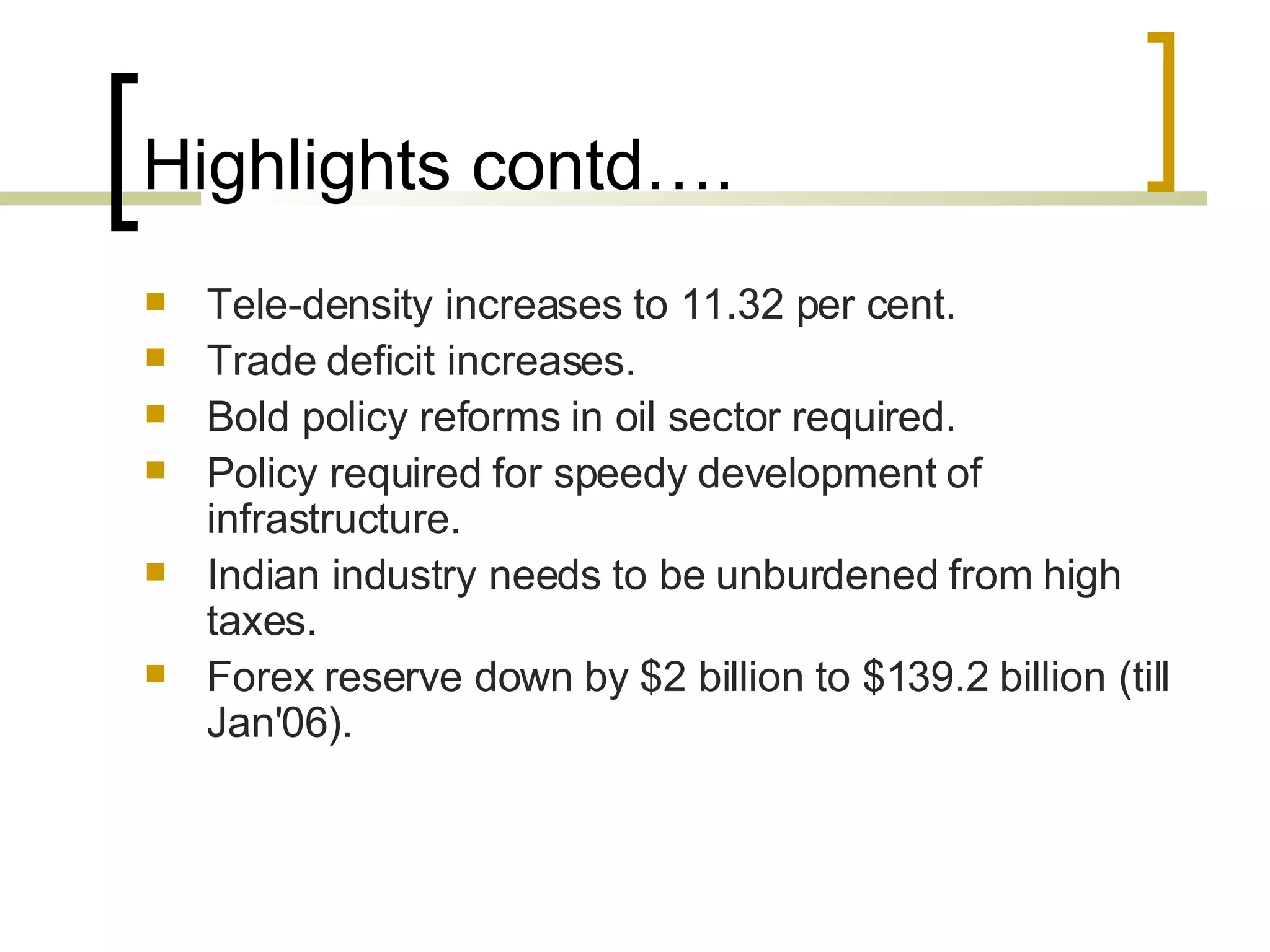 Highlights contd…. Tele-density increases to 11.32 per cent.  Trade deficit increases.  Bold policy reforms in oil sector required.  Policy required for speedy development of infrastructure.  Indian industry needs to be unburdened from high taxes.  Forex reserve down by $2 billion to $139.2 billion (till Jan'06).  