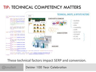 TIP: TECHNICAL COMPETENCY MATTERS




   These technical factors impact SERP and conversion.
@kmullett     Deister 100 Year Celebration
 