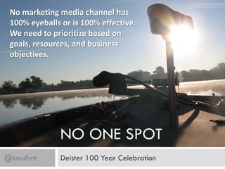 No marketing media channel has
 100% eyeballs or is 100% effective.
 We need to prioritize based on
 goals, resources, and business
 objectives.




               NO ONE SPOT
@kmullett      Deister 100 Year Celebration
 