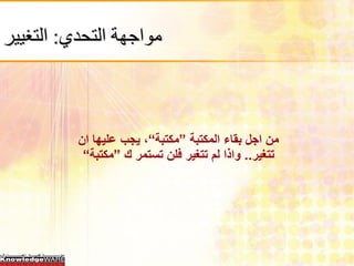 ‫مواجهة التحدي: التغيير‬



          ‫من اجل بقاء المكتبة ”مكتبة“، يجب عليها ان‬
           ‫تتغير.. واذا لم تتغير فلن تستمر ك ”مكتبة“‬
 