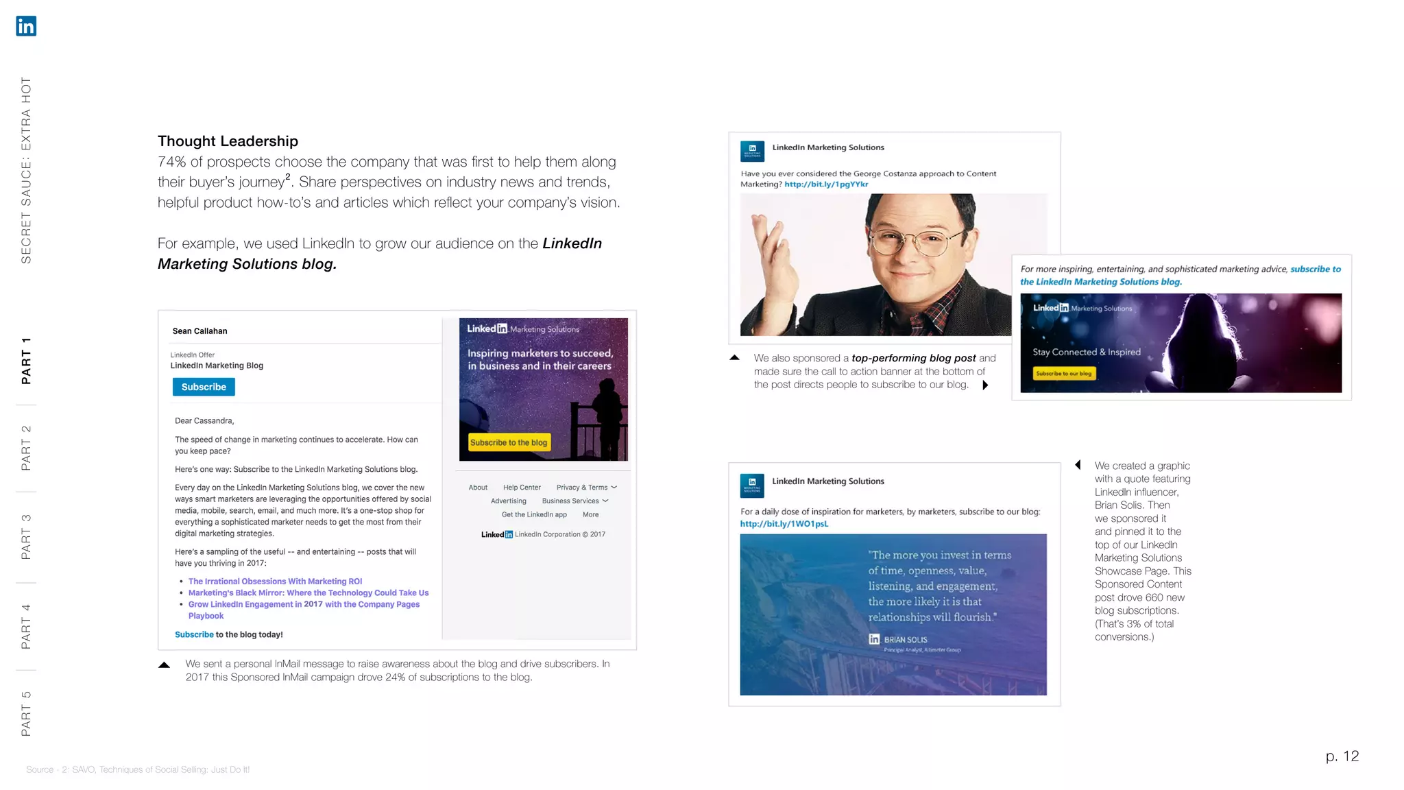 p. 12
Thought Leadership
74% of prospects choose the company that was first to help them along
their buyer’s journey2
. Share perspectives on industry news and trends,
helpful product how-to’s and articles which reflect your company’s vision.
For example, we used LinkedIn to grow our audience on the LinkedIn
Marketing Solutions blog.
p. 12
We created a graphic
with a quote featuring
LinkedIn influencer,
Brian Solis. Then
we sponsored it
and pinned it to the
top of our LinkedIn
Marketing Solutions
Showcase Page. This
Sponsored Content
post drove 660 new
blog subscriptions.
(That’s 3% of total
conversions.)
We sent a personal InMail message to raise awareness about the blog and drive subscribers. In
2017 this Sponsored InMail campaign drove 24% of subscriptions to the blog.
We also sponsored a top-performing blog post and
made sure the call to action banner at the bottom of
the post directs people to subscribe to our blog.
SECRETSAUCE:EXTRAHOTPART5PART4PART3PART2PART1
Source - 2: SAVO, Techniques of Social Selling: Just Do It!
2017
2017
2017
PART5PART4PART3PART2PART1
 