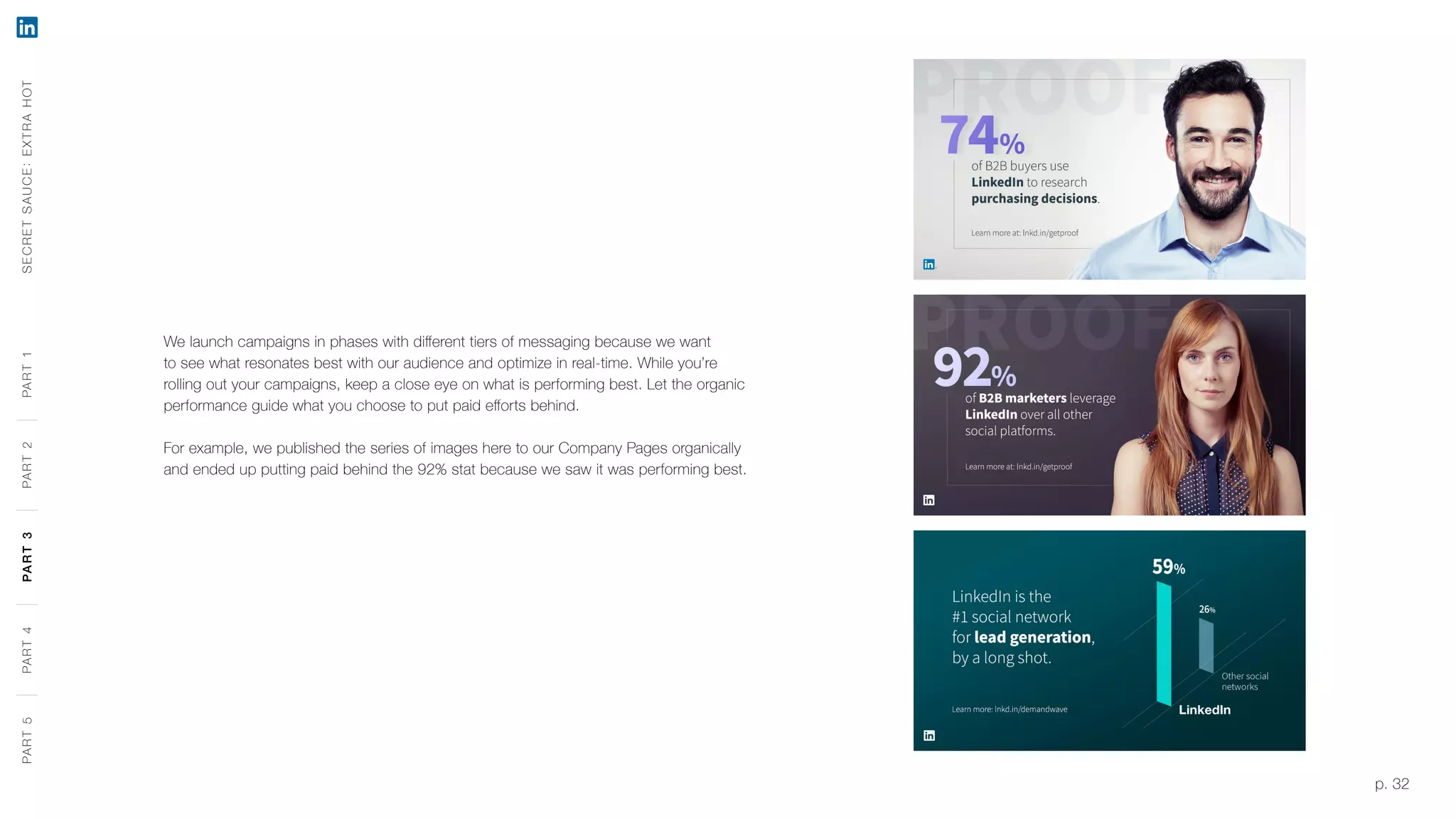 p. 32
We launch campaigns in phases with different tiers of messaging because we want
to see what resonates best with our audience and optimize in real-time. While you’re
rolling out your campaigns, keep a close eye on what is performing best. Let the organic
performance guide what you choose to put paid efforts behind.
For example, we published the series of images here to our Company Pages organically
and ended up putting paid behind the 92% stat because we saw it was performing best.
SECRETSAUCE:EXTRAHOTPART5PART4PART3PART2PART1PART5PART4PART3PART2PART1
 