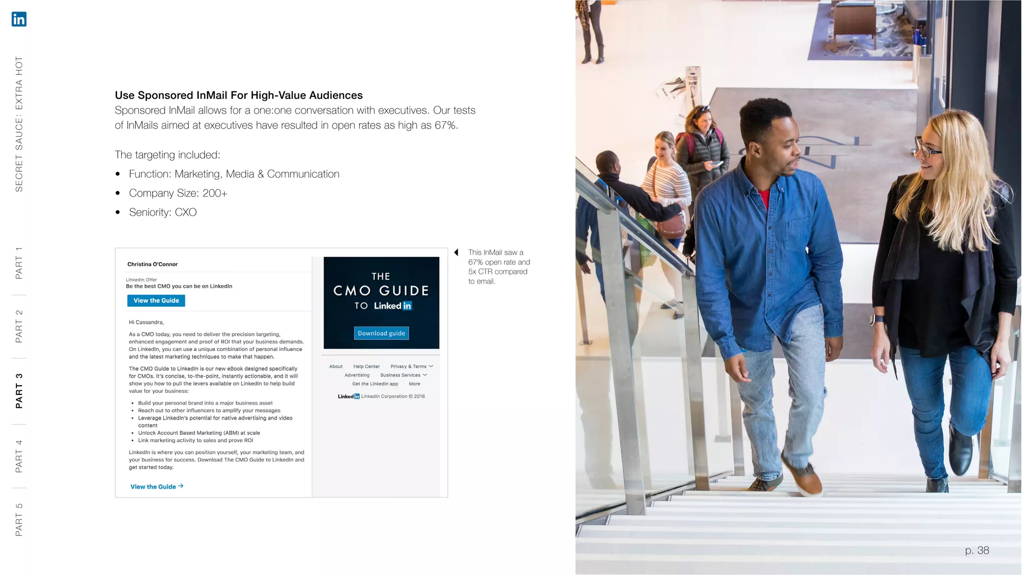 p. 38
Use Sponsored InMail For High-Value Audiences
Sponsored InMail allows for a one:one conversation with executives. Our tests
of InMails aimed at executives have resulted in open rates as high as 67%.
The targeting included:
‹‹ Function: Marketing, Media & Communication
‹‹ Company Size: 200+
‹‹ Seniority: CXO
This InMail saw a
67% open rate and
5x CTR compared
to email.
SECRETSAUCE:EXTRAHOTPART5PART4PART3PART2PART1
p. 38
PART5PART4PART3PART2PART1
 