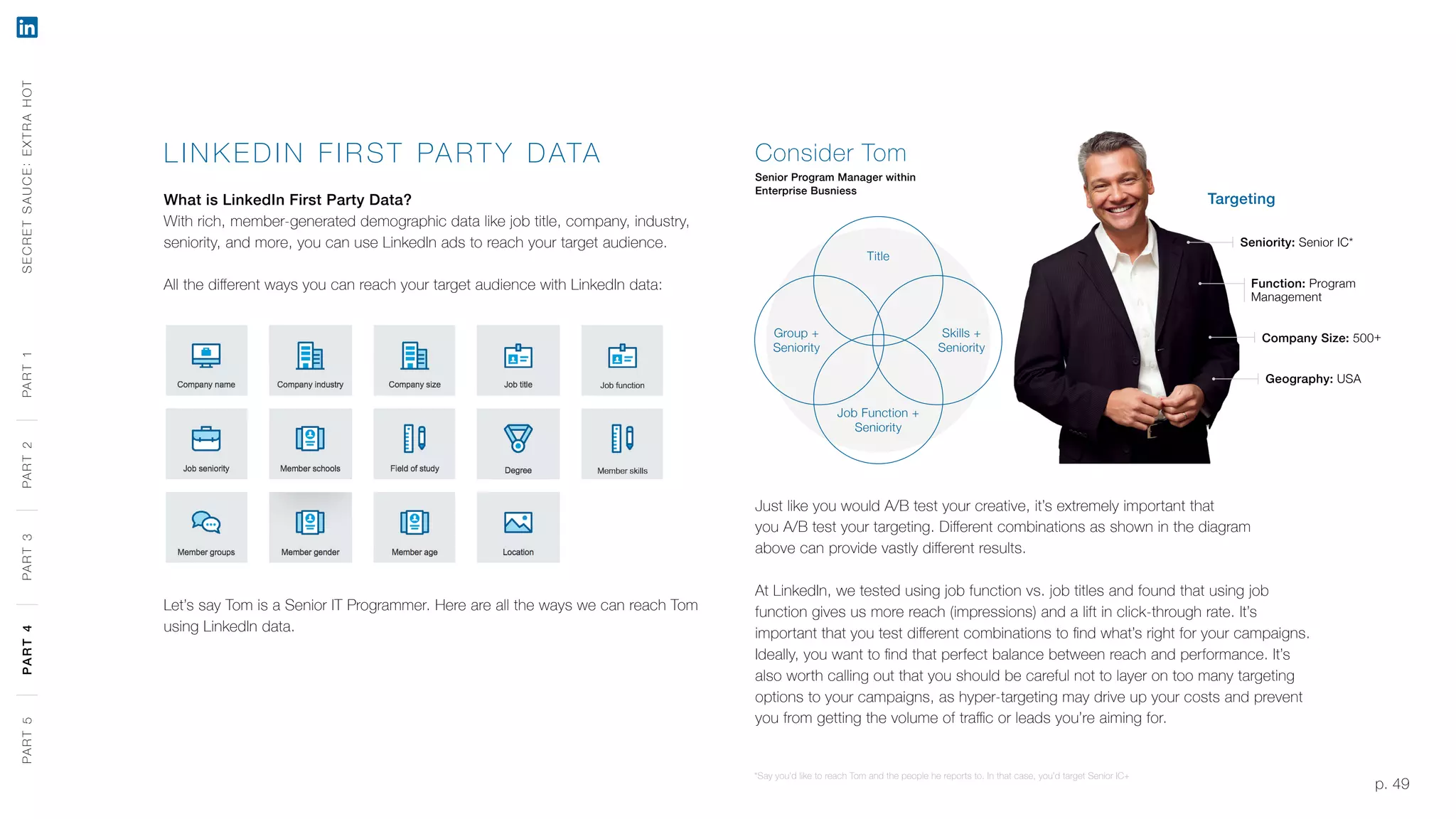p. 49
LINK EDIN FIRST PA RT Y DATA
What is LinkedIn First Party Data?
With rich, member-generated demographic data like job title, company, industry,
seniority, and more, you can use LinkedIn ads to reach your target audience.
All the different ways you can reach your target audience with LinkedIn data:
Let’s say Tom is a Senior IT Programmer. Here are all the ways we can reach Tom
using LinkedIn data.
Just like you would A/B test your creative, it’s extremely important that
you A/B test your targeting. Different combinations as shown in the diagram
above can provide vastly different results.
At LinkedIn, we tested using job function vs. job titles and found that using job
function gives us more reach (impressions) and a lift in click-through rate. It’s
important that you test different combinations to find what’s right for your campaigns.
Ideally, you want to find that perfect balance between reach and performance. It’s
also worth calling out that you should be careful not to layer on too many targeting
options to your campaigns, as hyper-targeting may drive up your costs and prevent
you from getting the volume of traffic or leads you’re aiming for.
SECRETSAUCE:EXTRAHOTPART5PART4PART3PART2PART1
Consider Tom
Senior Program Manager within
Enterprise Busniess
Job Function +
Seniority
Group +
Seniority
Title
Skills +
Seniority
Targeting
Seniority: Senior IC*
Function: Program
Management
Company Size: 500+
Geography: USA
*Say you’d like to reach Tom and the people he reports to. In that case, you’d target Senior IC+
PART5PART4PART3PART2PART1
 