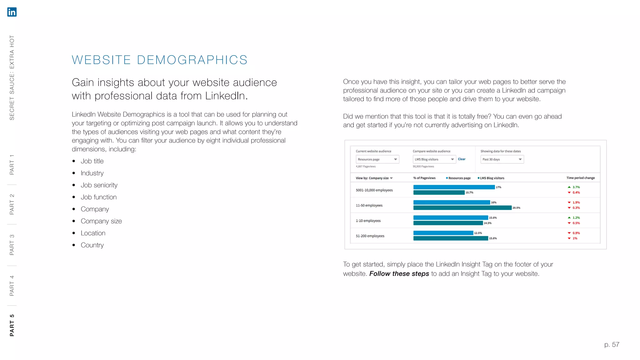 p. 57
WEBSITE DEMOGR A P HICS
Gain insights about your website audience
with professional data from LinkedIn.
LinkedIn Website Demographics is a tool that can be used for planning out
your targeting or optimizing post campaign launch. It allows you to understand
the types of audiences visiting your web pages and what content they’re
engaging with. You can filter your audience by eight individual professional
dimensions, including:
‹‹ Job title
‹‹ Industry
‹‹ Job seniority
‹‹ Job function
‹‹ Company
‹‹ Company size
‹‹ Location
‹‹ Country
Once you have this insight, you can tailor your web pages to better serve the
professional audience on your site or you can create a LinkedIn ad campaign
tailored to find more of those people and drive them to your website.
Did we mention that this tool is that it is totally free? You can even go ahead
and get started if you’re not currently advertising on LinkedIn.
To get started, simply place the LinkedIn Insight Tag on the footer of your
website. Follow these steps to add an Insight Tag to your website.
SECRETSAUCE:EXTRAHOTPART5PART4PART3PART2PART1PART5PART4PART3PART2PART1
 