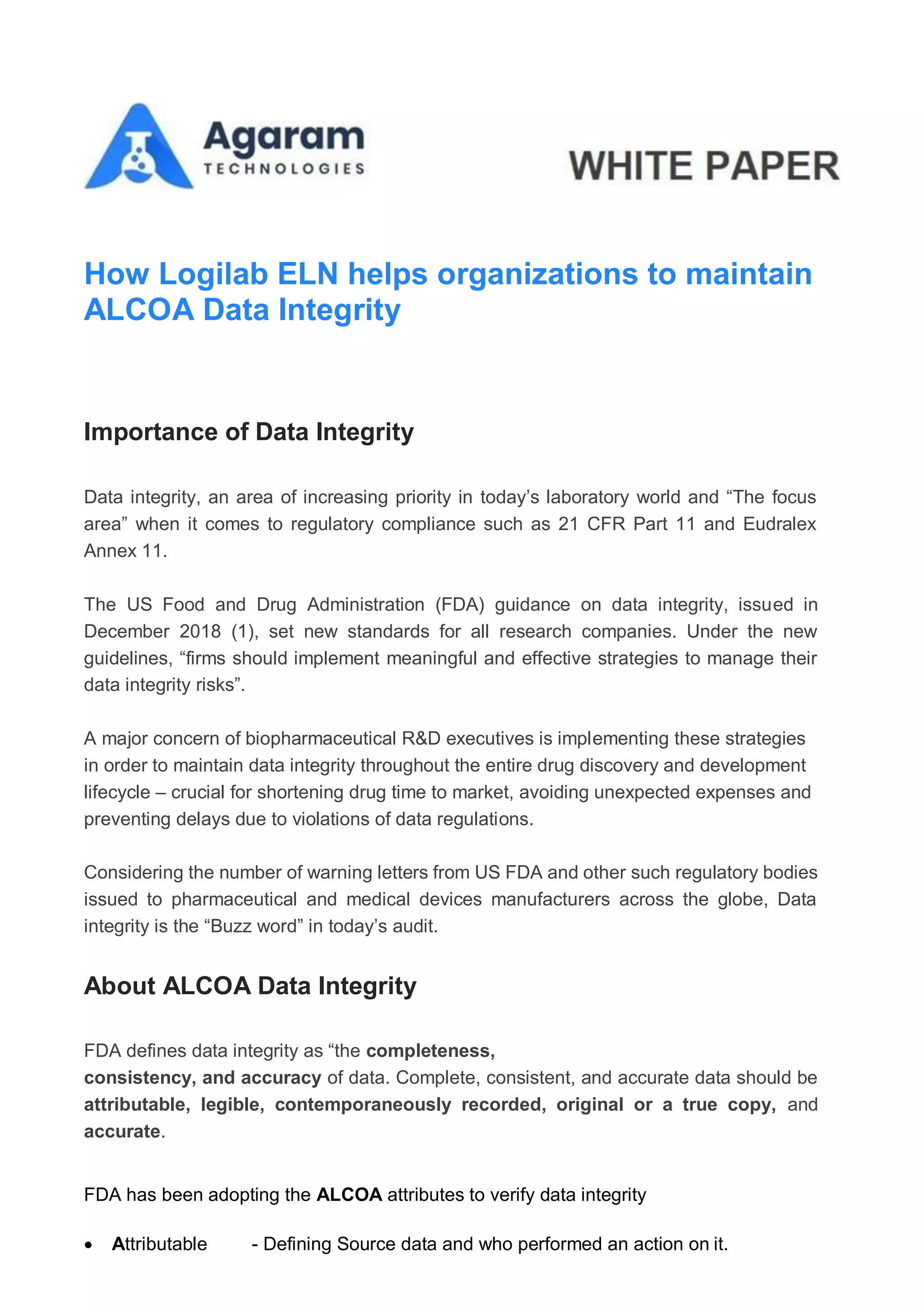 How logilab eln helps organizations to maintain alcoa data integrity pdf
