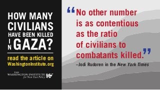 No other number 
is as contentious 
as the ratio 
of civilians to 
combatants killed. 
–Jodi Rudoren in the New York Times 
“ 
” 
HOW MANY 
CIVILIANS 
HAVE BEEN KILLED 
GAZA? 
read the article on 
WashingtonInstitute.org 
 