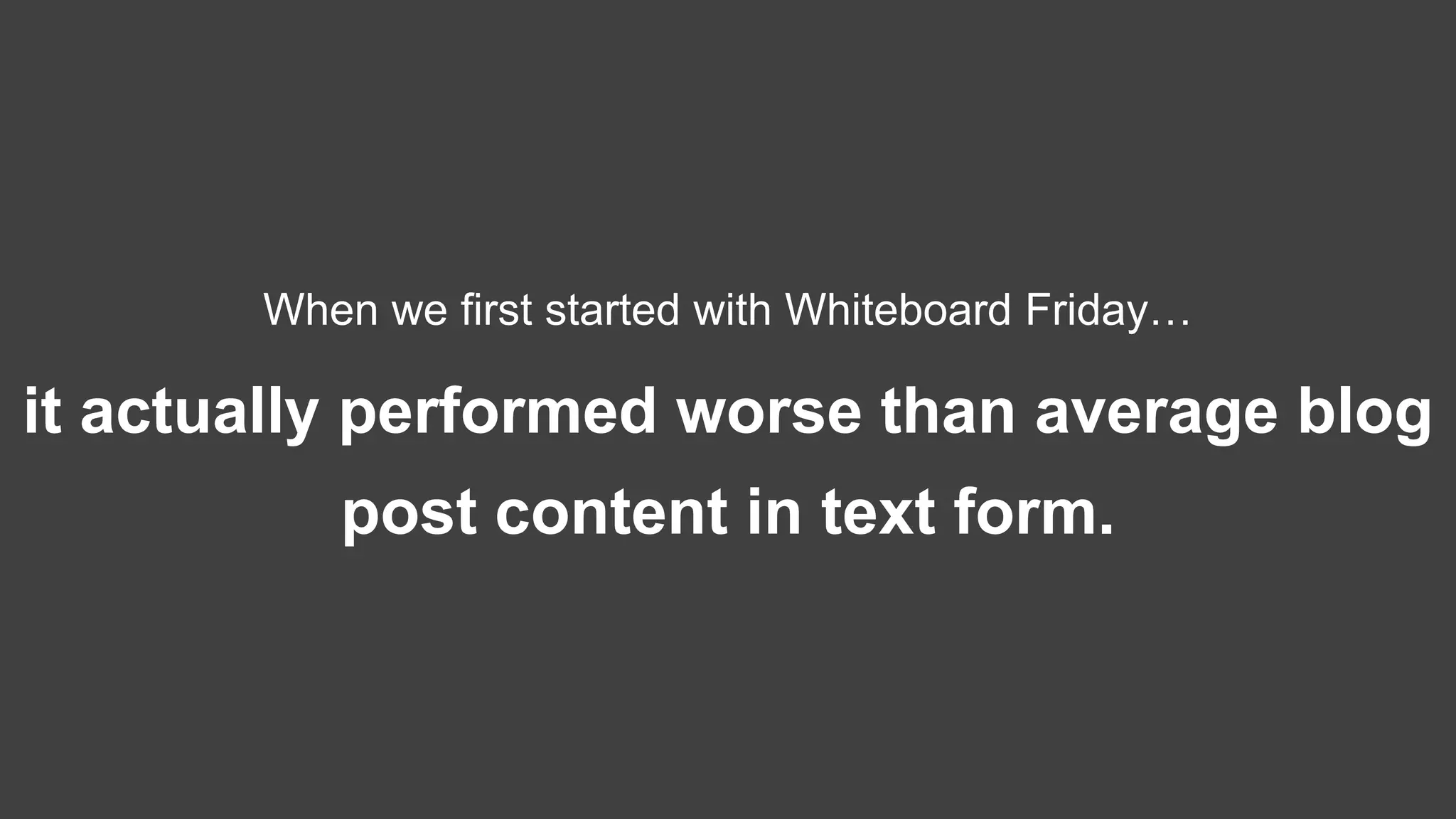 When we first started with Whiteboard Friday…
it actually performed worse than average blog
post content in text form.
 