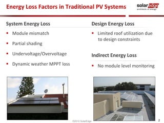 2 
Energy Loss Factors in Traditional PV Systems 
System Energy Loss 
 Module mismatch 
 Partial shading 
 Undervoltage/Overvoltage 
 Dynamic weather MPPT loss 
Design Energy Loss 
 Limited roof utilization due 
Indirect Energy Loss 
 No module level monitoring 
©2010 SolarEdge 
to design constraints 
 