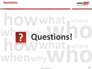 howwhat who where 
howwhat who where 
25 
when 
why 
when 
why 
Questions 
Questions! 
©2010 SolarEdge 
 