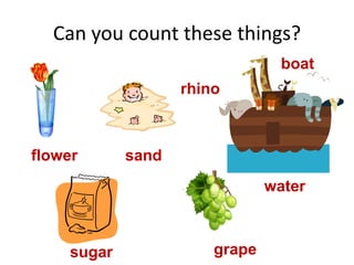 Can you count these things?
flower sand
boat
water
sugar grape
rhino
 