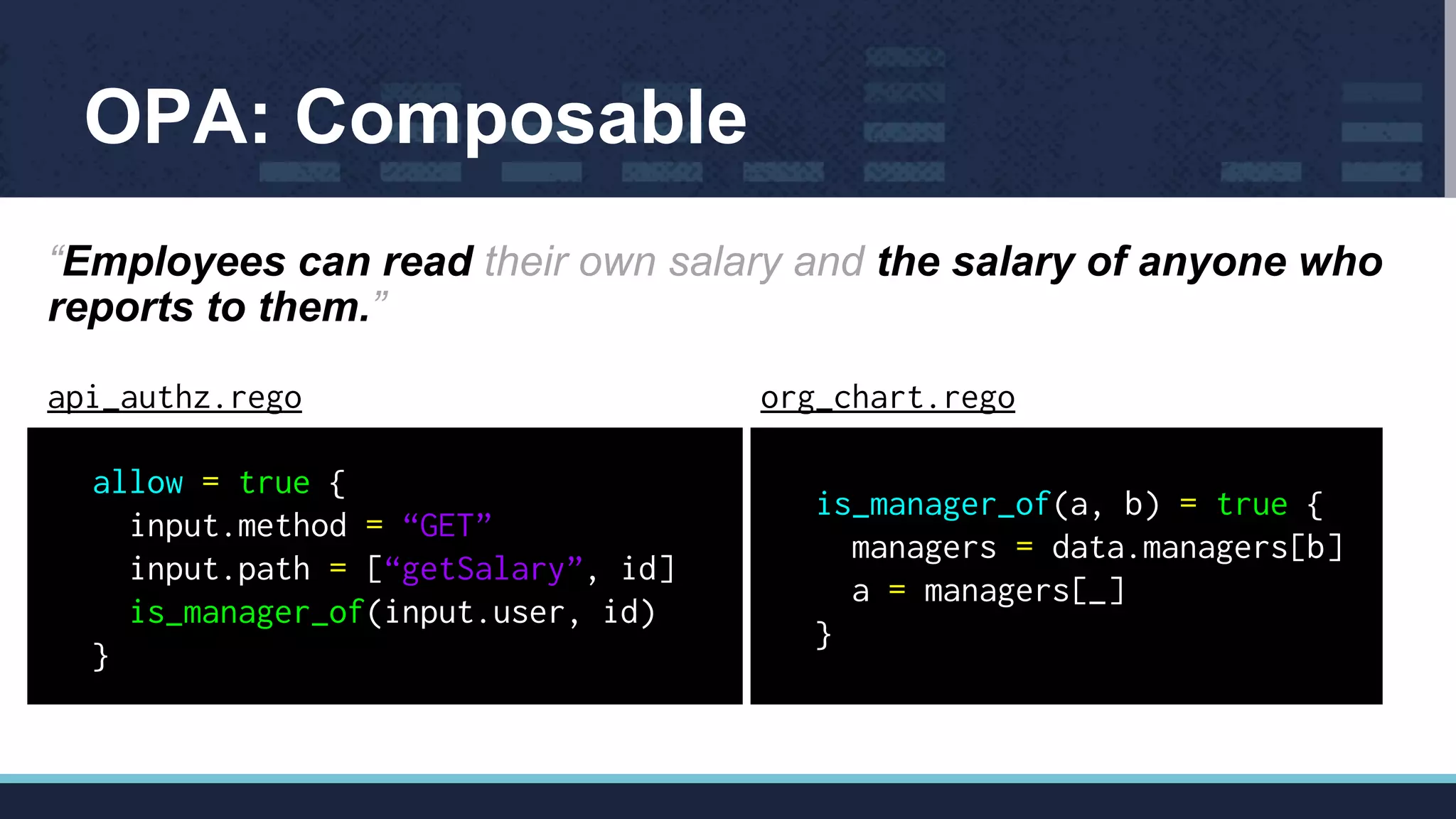 OPA: Composable
“Employees can read their own salary and the salary of anyone who
reports to them.”
is_manager_of(a, b) = true {
managers = data.managers[b]
a = managers[_]
}
allow = true {
input.method = “GET”
input.path = [“getSalary”, id]
is_manager_of(input.user, id)
}
api_authz.rego org_chart.rego
 