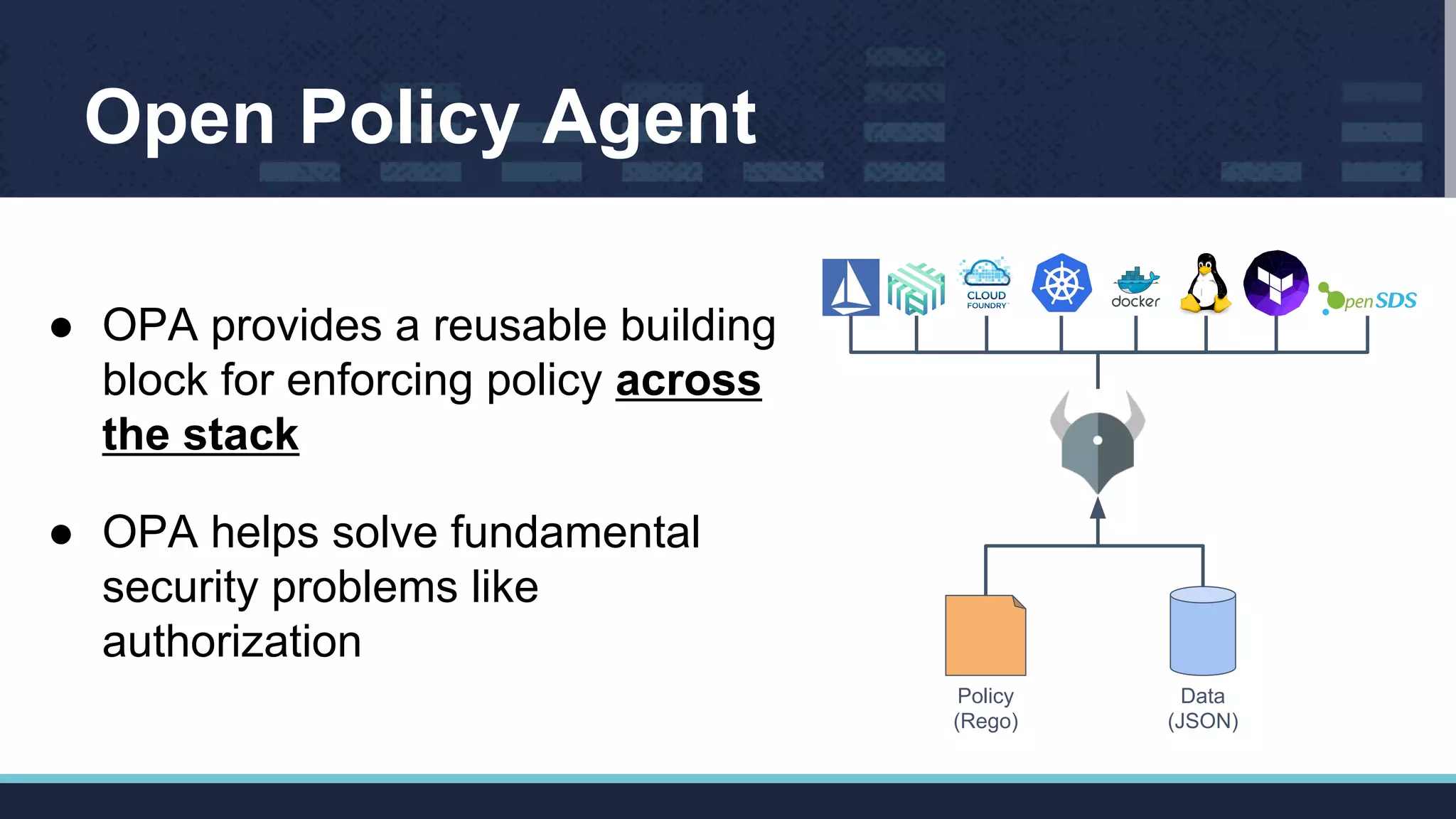 Open Policy Agent
Policy
(Rego)
Data
(JSON)
● OPA provides a reusable building
block for enforcing policy across
the stack
● OPA helps solve fundamental
security problems like
authorization
 