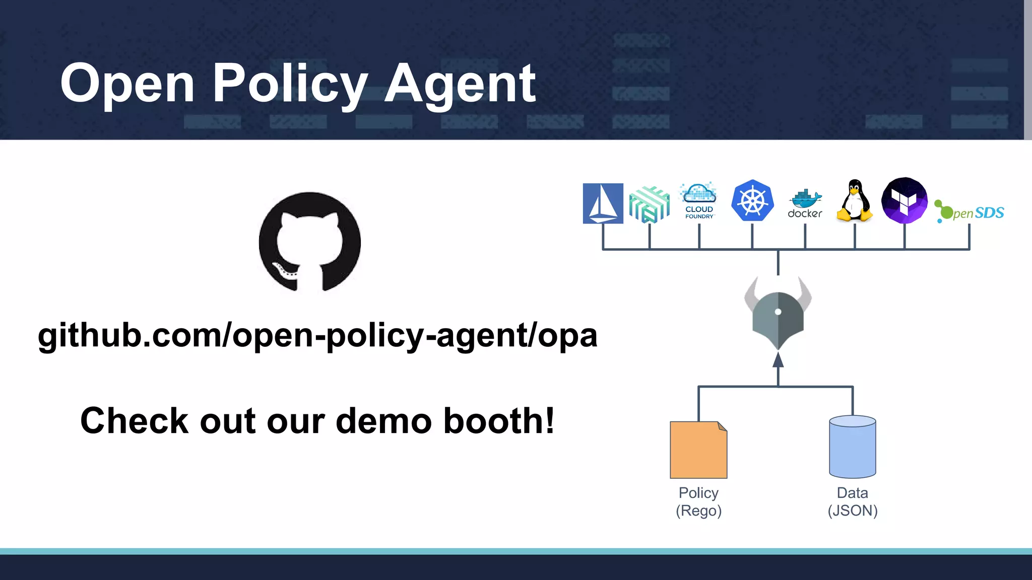 Open Policy Agent
github.com/open-policy-agent/opa
Check out our demo booth!
Policy
(Rego)
Data
(JSON)
 