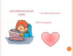 HOW OFTEN DO YOU EAT
CAKES?
* I never /often/uusually eat them
* Well, I love eating cakes
 