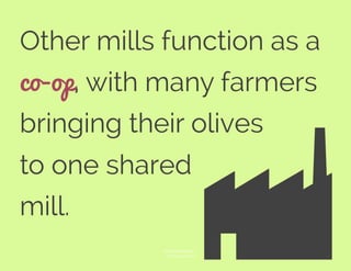 Other mills function as a
co-op, with many farmers
bringing their olives
to one shared
mill.
© Nicolas Ramallo
The Noun Project
 